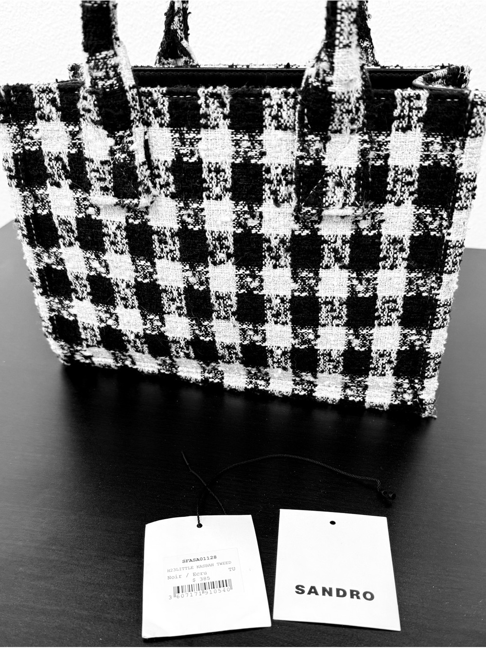 UNIQUE Sandro Paris black & white tweed fabric tote - Adorable! FREE SHIPPING - Picture 7 of 8